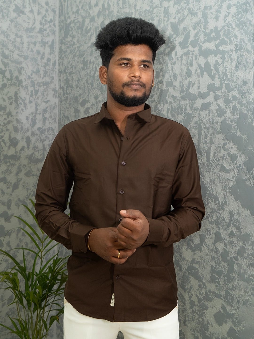 brown dress shirt with black pants MYKY Men's Premium Melange Fabric Chocolate Wrinkle Free ** Our President Spread Letter Charm:Y Drop waist satin and navy blue oxford shoes