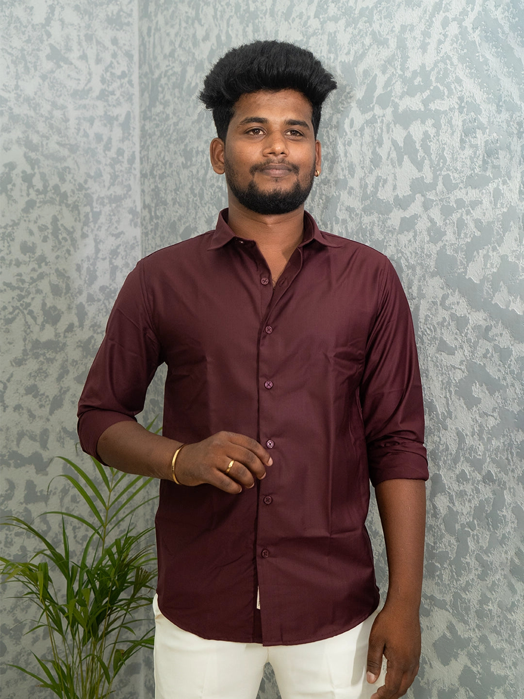 MYKY Men's Premium Melange Fabric Burgundy Wine Shirt | Wrinkle Free | Regular Fit