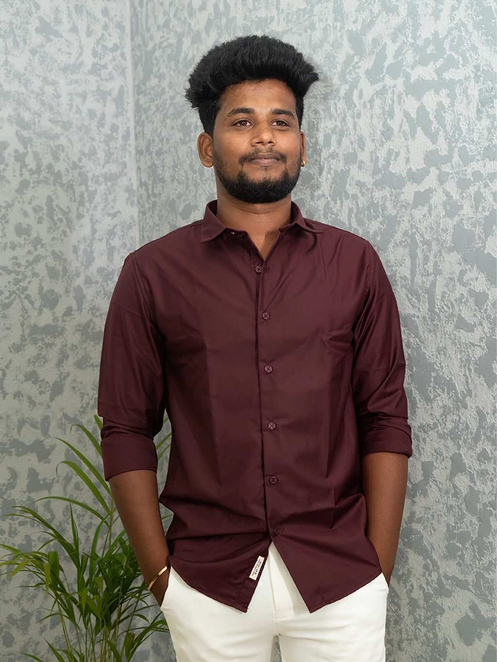 MYKY Men's Premium Melange Fabric Burgundy Wine Shirt | Wrinkle Free | Regular Fit