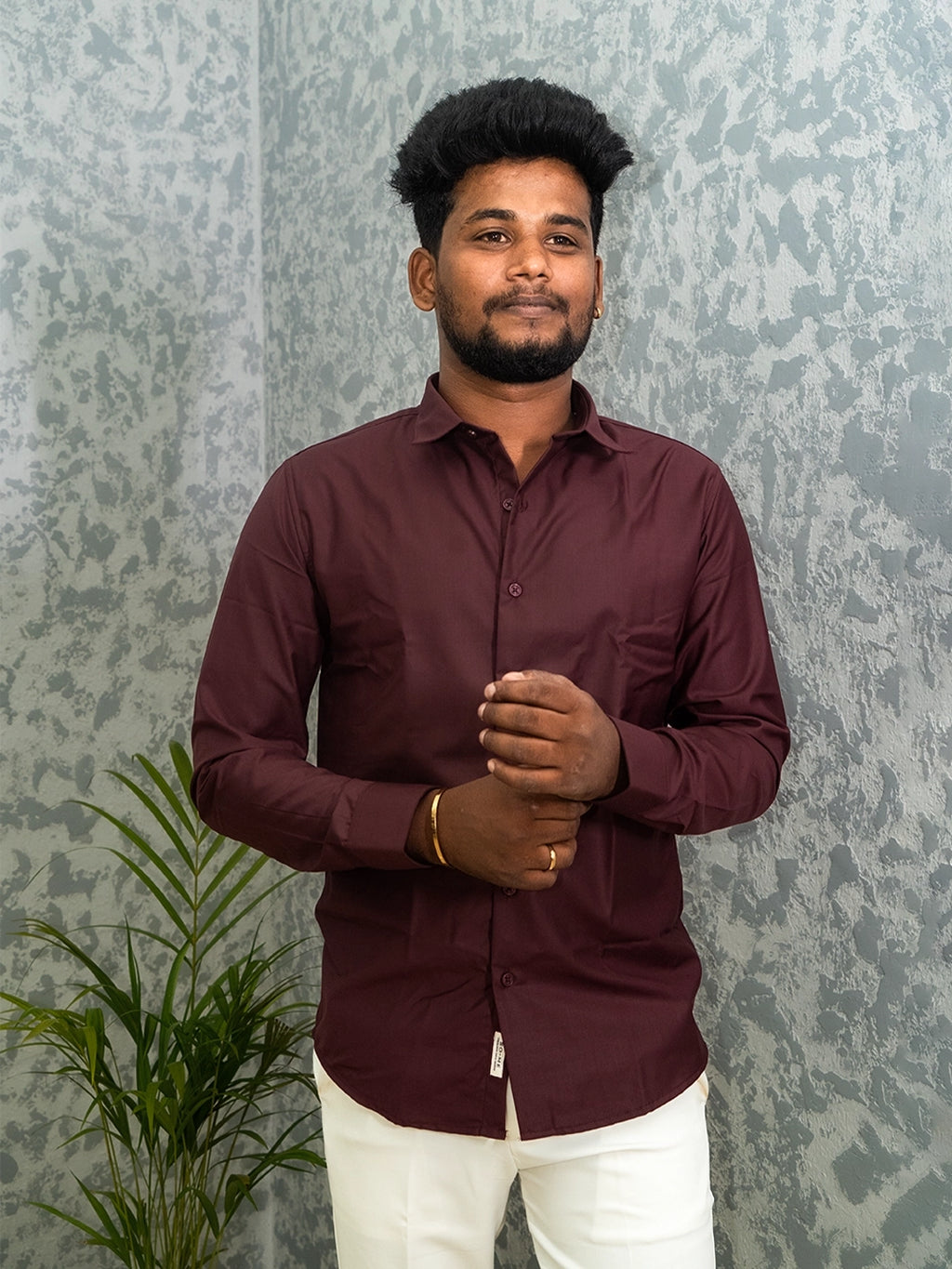 MYKY Men's Premium Melange Fabric Burgundy Wine Shirt | Wrinkle Free | Regular Fit