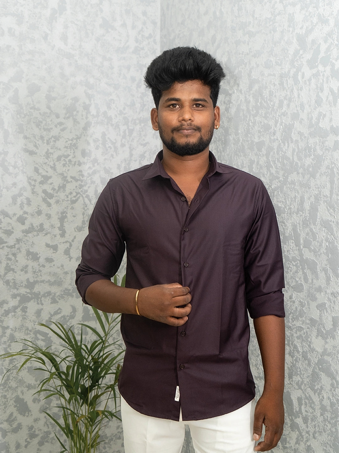 MYKY Men's Premium Melange Fabric Deep Aubergine Shirt | Wrinkle Free | Regular Fit