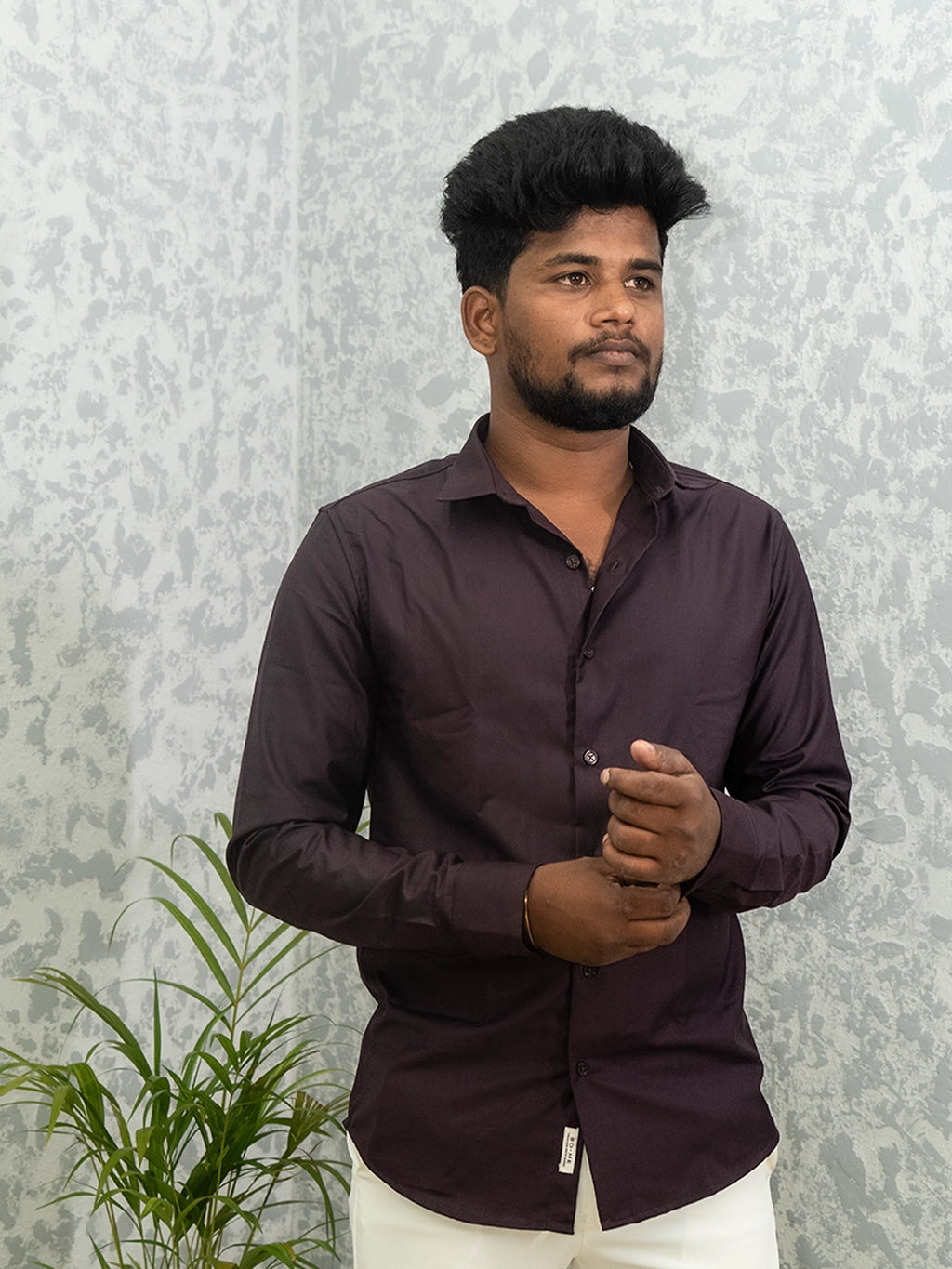 MYKY Men's Premium Melange Fabric Deep Aubergine Shirt | Wrinkle Free | Regular Fit